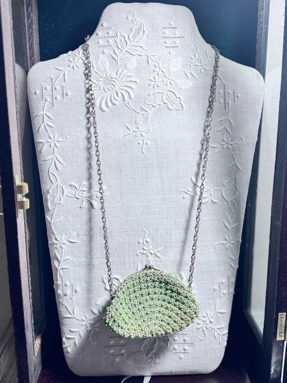 Vintage Crochet Coin Purse w/Green Japanese Seed Beads on Chain Circa 1960s